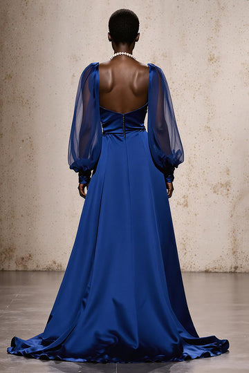 Royal Blue Satin A Line Ruched Formal Dress with Long Sleeves